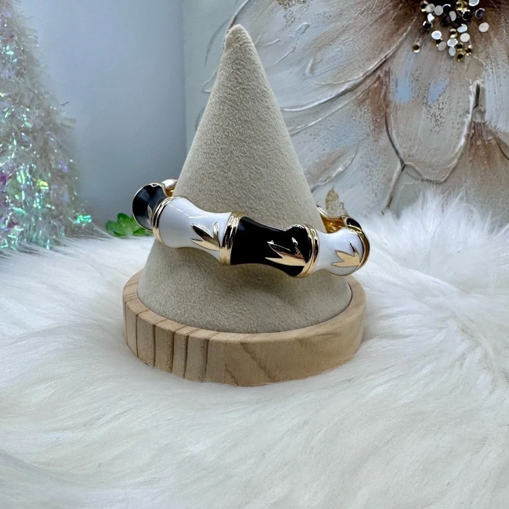 Black, Gold & White Design Thick Enamel Bangle Bracelet